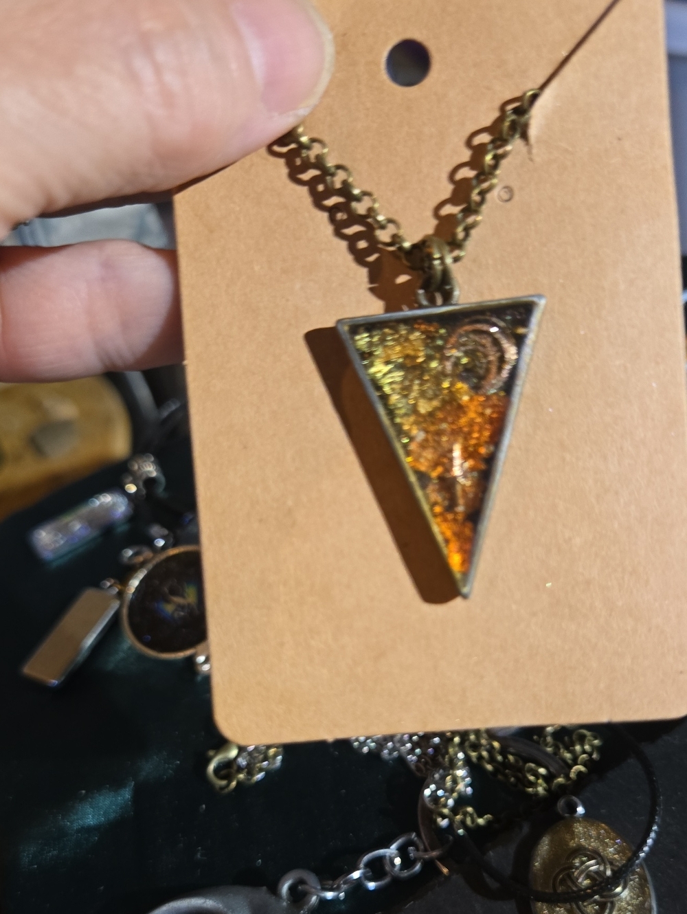 Hand Crafted Artisan Triangle Pendant Necklace in Gold, Copper Tones, Celestial - Picture 4 of 4